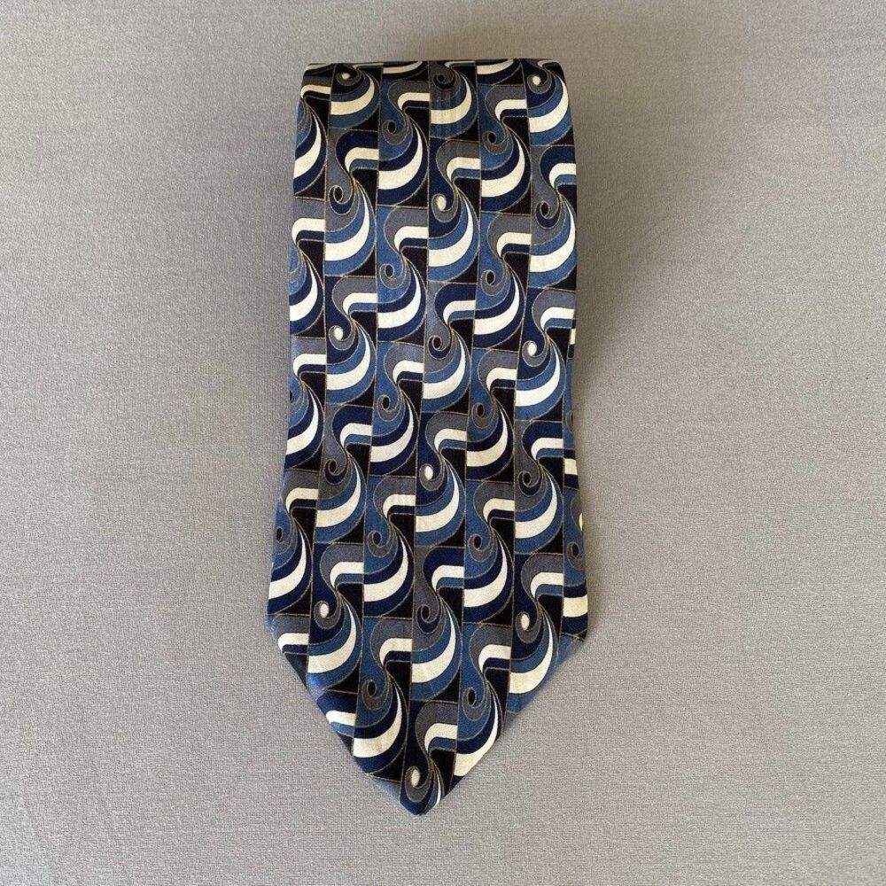 Zylos George Machado 100% Italian Silk Tie Blue Geometric USA 4" Wide Vintage